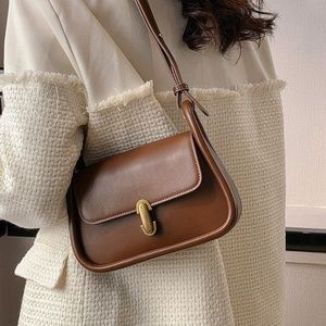 Small PU Leather Saddle Bag Brown with Flap, Gold Hardware